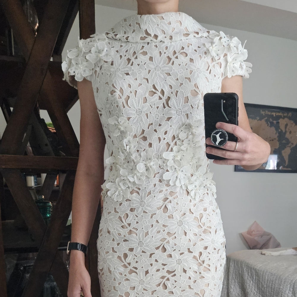 White floor length lace gown